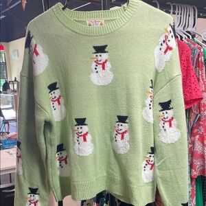 Poof! Merry Christmas Snowman Sweater – Light Green – Size Large